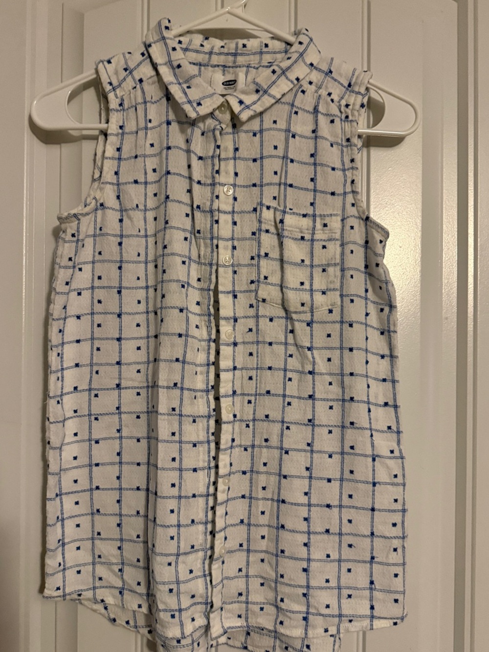 Old Navy Girls Sleeveless Button-Front Top - White with Blue Grid